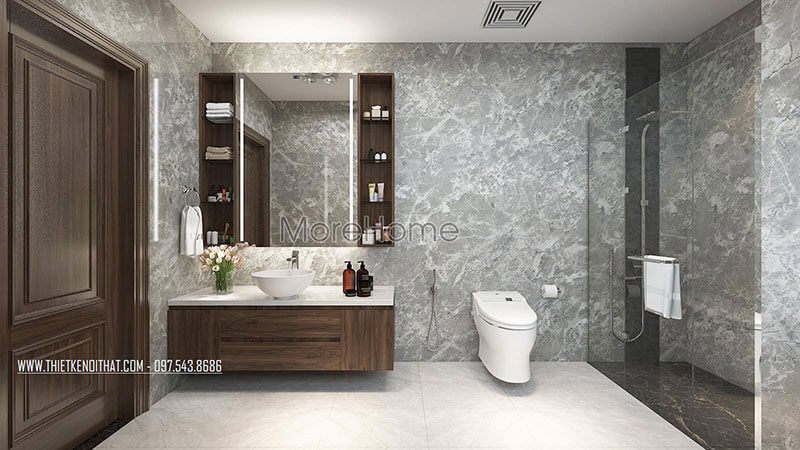 Mẫu tủ kệ lavabo gỗ công nghiệp ốp mặt đá hiện đại cho phòng tắm