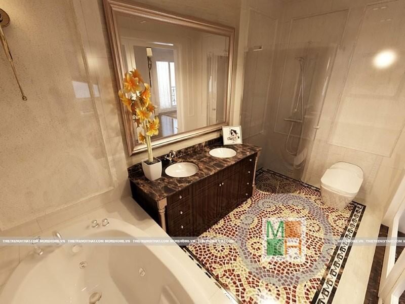 Mẫu tủ kệ lavabo gỗ tự nhiên, mặt tủ ốp đá cao cấp cho phòng tắm đẳng cấp