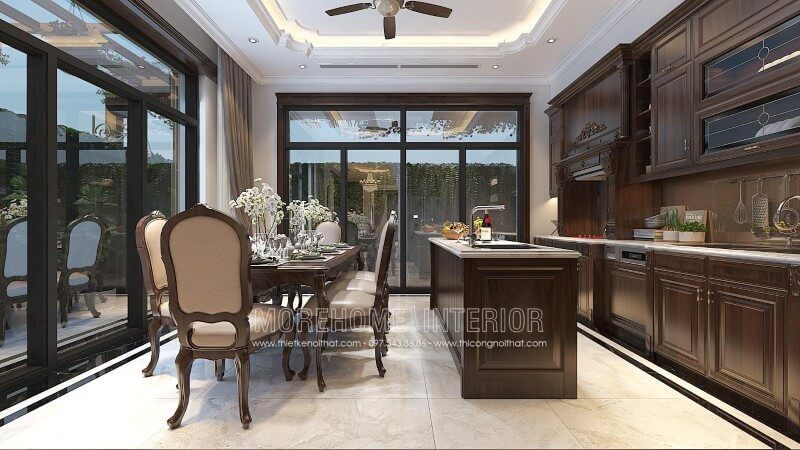 Tủ bếp gỗ óc chó cao cấp với tone màu nâu tạo nên căn bếp ấm áp hơn, cuốn hút bất kì một ánh mắt nào