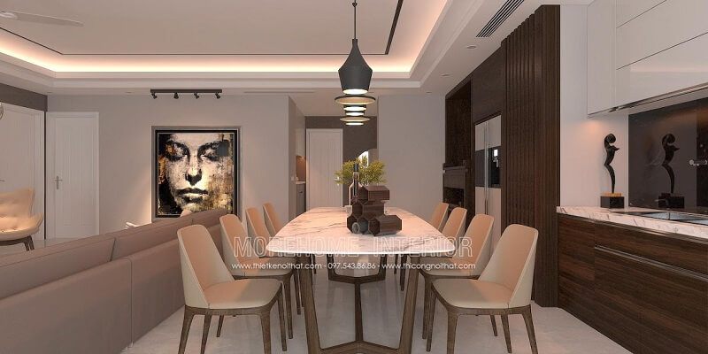 Mẫu bàn ăn mặt đá màu trắng đẹp chân gỗ kết hợp 6 ghế ăn hiện đại với tông màu be sang trọng tạo điểm nhấn cho không gian căn phòng.