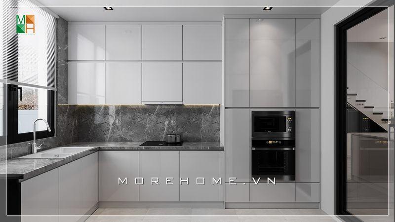 Mẫu tủ bếp màu trắng gỗ Acrylic đẹp hiện đại rất tiện nghi