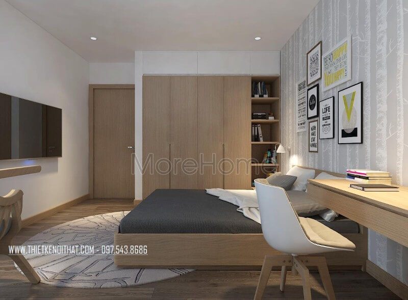 Thiết kế nội thất chung cư với phòng ngủ con hiện đại, gỗ công nghiệp được sử dụng cho không gian phòng ngủ này, từ chiếc giường đến tủ áo, bàn học,..