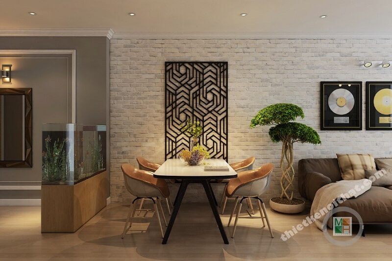 Thiết kế bàn ăn hiện đại liền kề với phòng khách, không hề có vách ngăn tạo độ mở và liền mạch cho không gian.